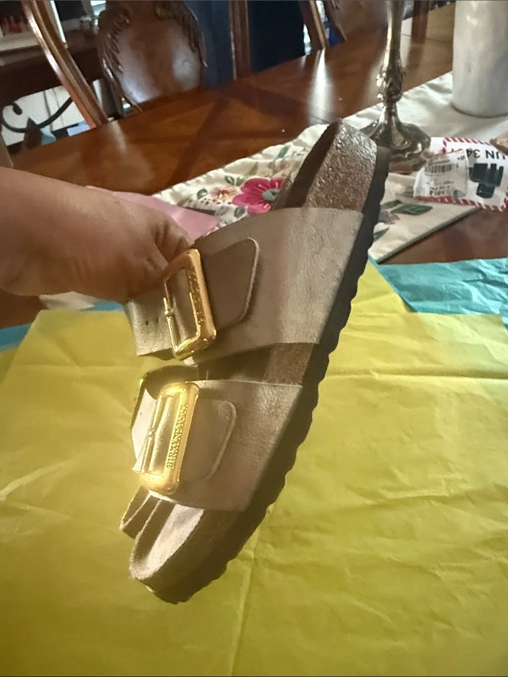 Birkenstock Double-Strap Sandals in Metallic Bronze with Gold Buckles